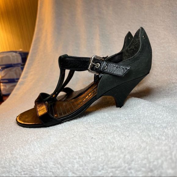 Vintage Cacharel Sandals T-Strap Heels Kitten Heel leather black green 5 - Picture 6 of 14